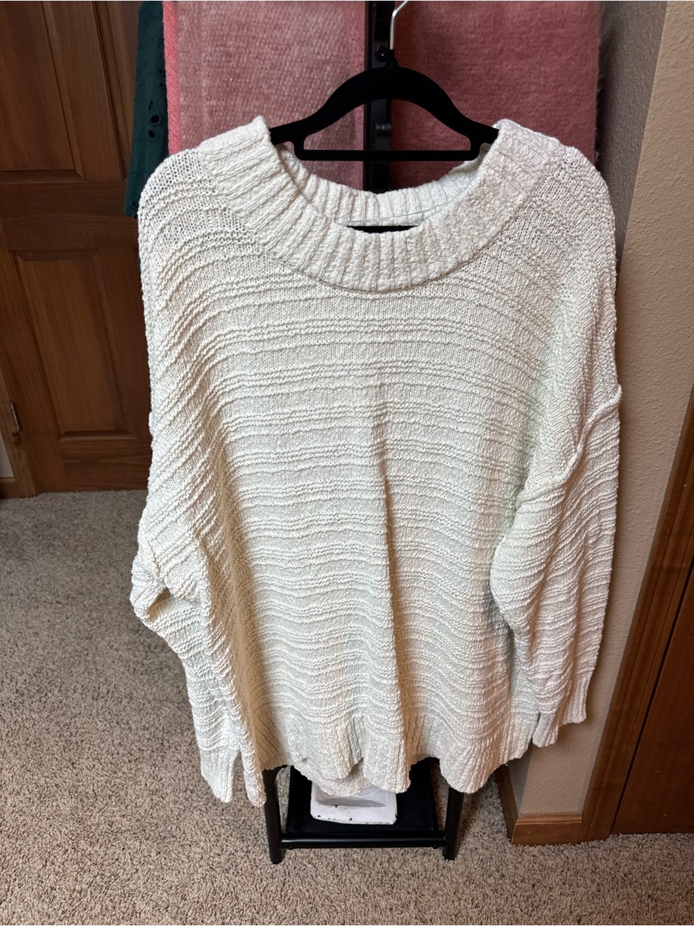Free People Cream Ribbed Crewneck Sweater
